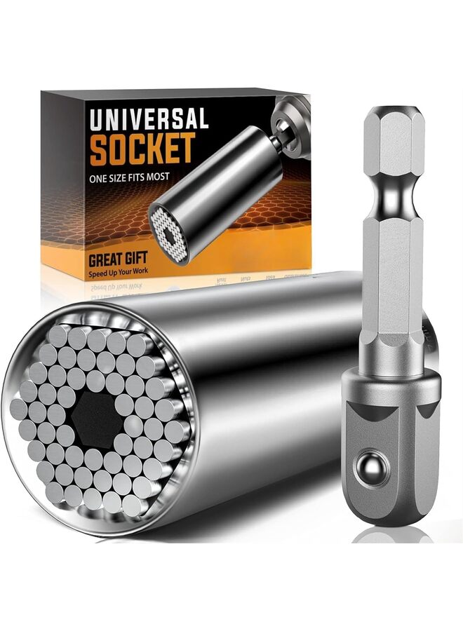 Universal Socket Tool Super Socket Unscrew Any Bolt for Wrench Ratchet Adjustable Socket Drill with Adapter Gifts for Him Men Husband Boyfriend (Silver) - Image 1
