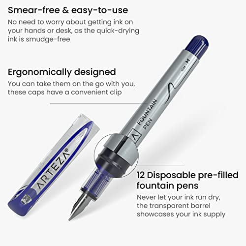 ARTEZA Disposable Fountain Pens, Pack of 12, Medium 0.9-mm Nib, Smooth-Writing Quick-Drying Blue Ink Pen, Art Supplies for Professionals, Students, and Hobbyists - Image 2