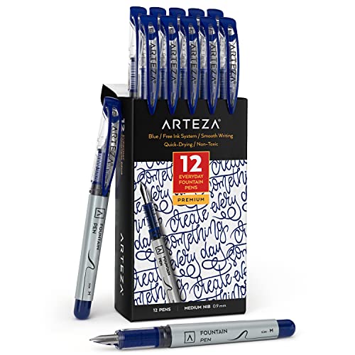 ARTEZA Disposable Fountain Pens, Pack of 12, Medium 0.9-mm Nib, Smooth-Writing Quick-Drying Blue Ink Pen, Art Supplies for Professionals, Students, and Hobbyists - Image 1