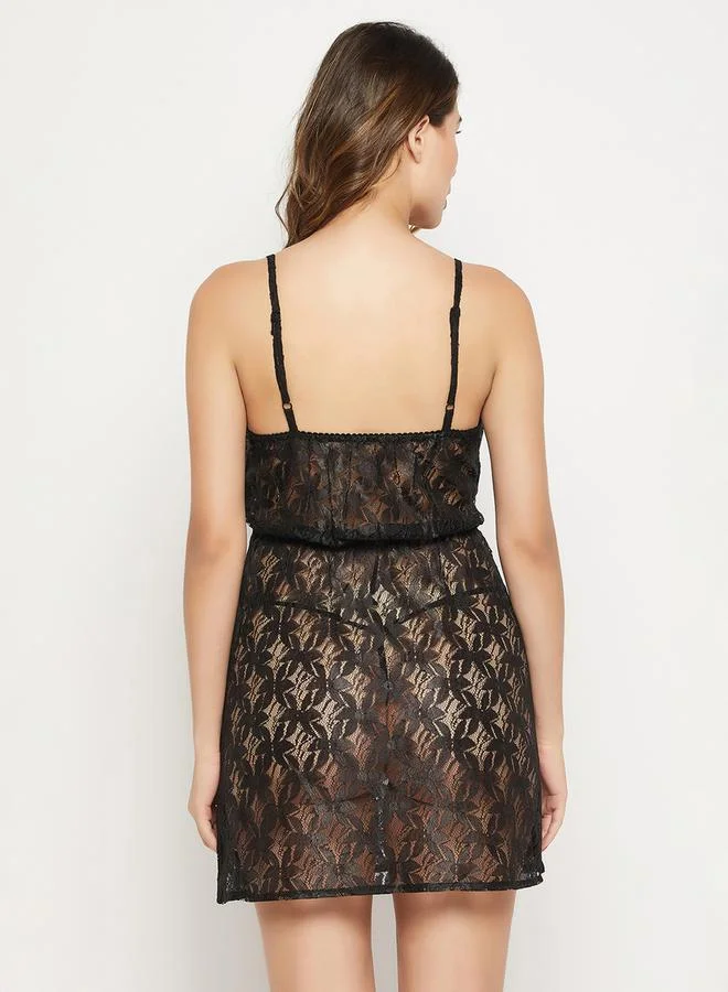 Clovia Sheer Self-Patterned Lace Babydoll with Thong Set by Styli
