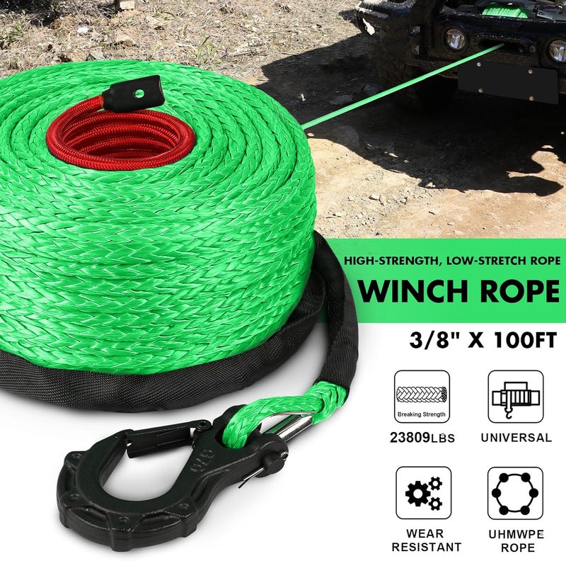 STEGODON Synthetic Winch Rope, 3/8" x100ft 23809LBS Dyneema Winch Rope 3/8 Heavy Duty Winch Cable with Protective Sleeve Forged Winch Hook for 4WD Off Road Vehicle Truck SUV (Green) - Image 3