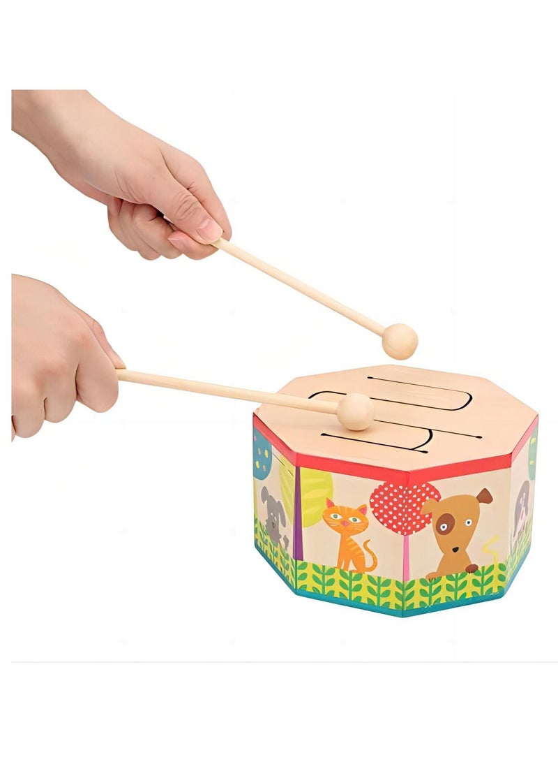 SYOSI Kids Drum Wood Toy Handheld Mini Percussion Instrument Drum Musical Drum Toys with 2 Mallets for Baby Children Infant Toddler - Image 2