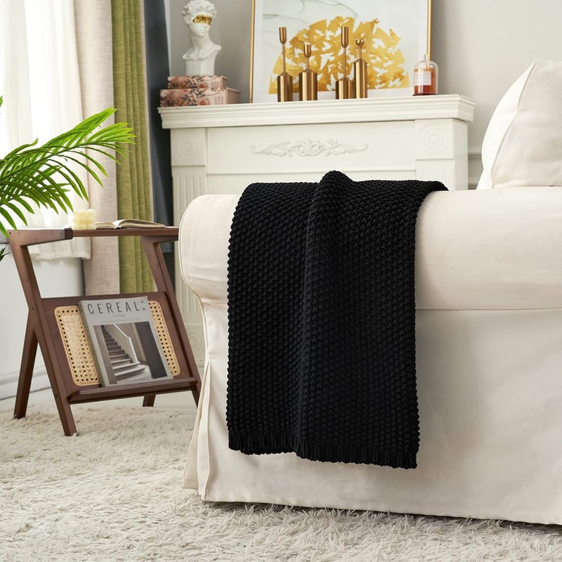 Longhui bedding لحاف منسوج بخيوط سميكة بلون أسود، خفيف الوزن، من مادة القطن العضوي بنسبة 100%، مناسب للأريكة أو سرير الأطفال أو غرفة الرضع، يتناسب مع الطراز الريفي الأنيق والعصري، مقاس 60” × 80”， مع كيس للغسيل مرفق. - Image 2