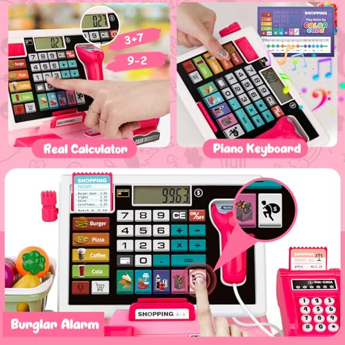 maysida Kids Cash Register Toy Playset Toddler Prentend Play Store with Real Calculator Cash Register with ScannerCredit CardPlay MoneyFood Learning Toys for Boys Girls ToddlersPink - Image 5