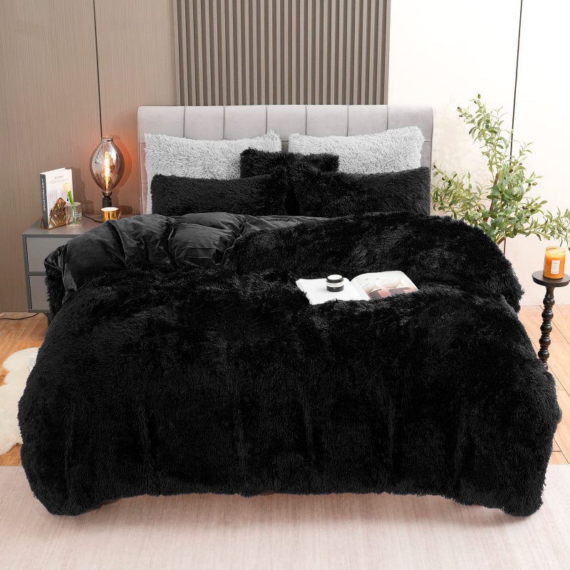 Fluffy Plush Black Duvet Cover Set Luxury Ultra Soft Velvet Fuzzy Comforter Cover Bed Sets 4Pcs1 Faux Fur Duvet Cover  2 Pillow Cases  1 Pillow Cover Zipper Closure Queen Black