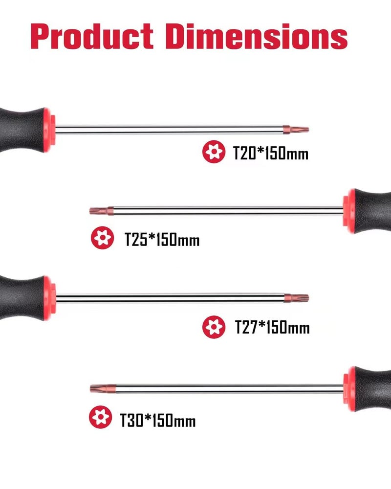 ROTATION 4PCS Magnetic Tip Torx Screwdriver Set, 4 Torx Star Screwdrivers, T20, T25, T27, T30, Red Tip | Red, Gloss, S2 Steel - Image 2