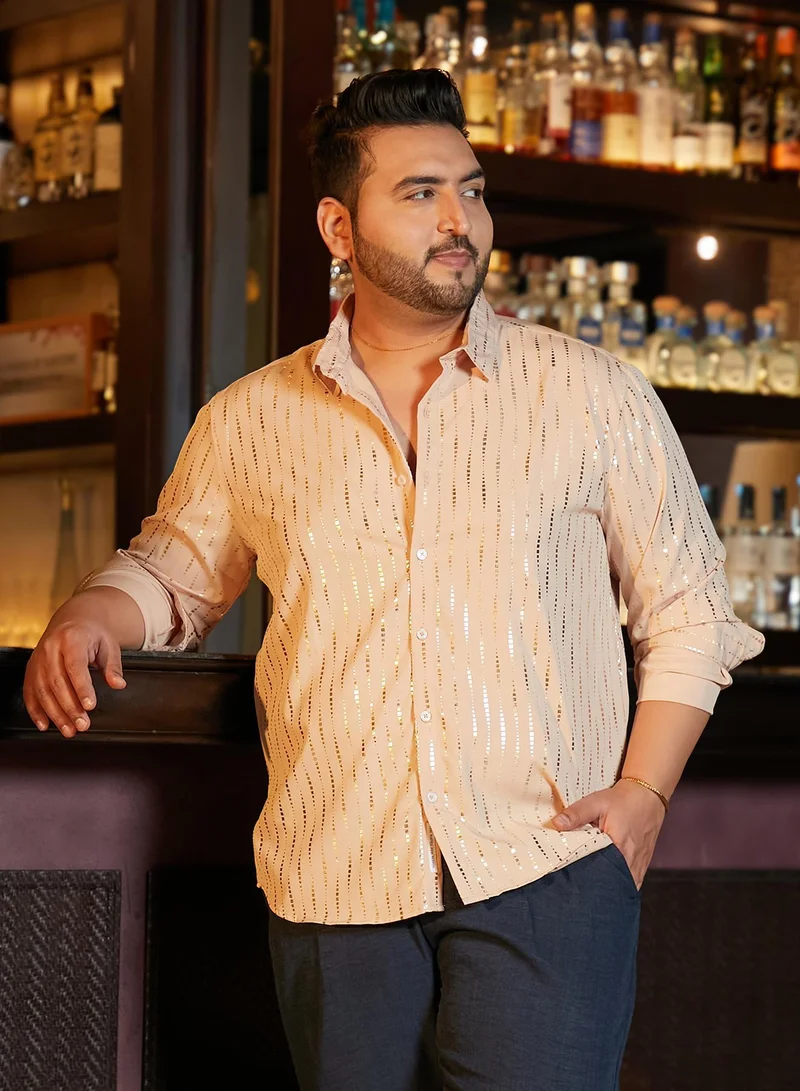 Instafab Plus Instafab Plus Men's Ecru Beige Metallic-Vined Shirt For Casual Wear | Spread Collar | Long Cuffed Sleeves | Button Closure | Plus Size Shirt Crafted With Comfort Fit For Everyday Wear