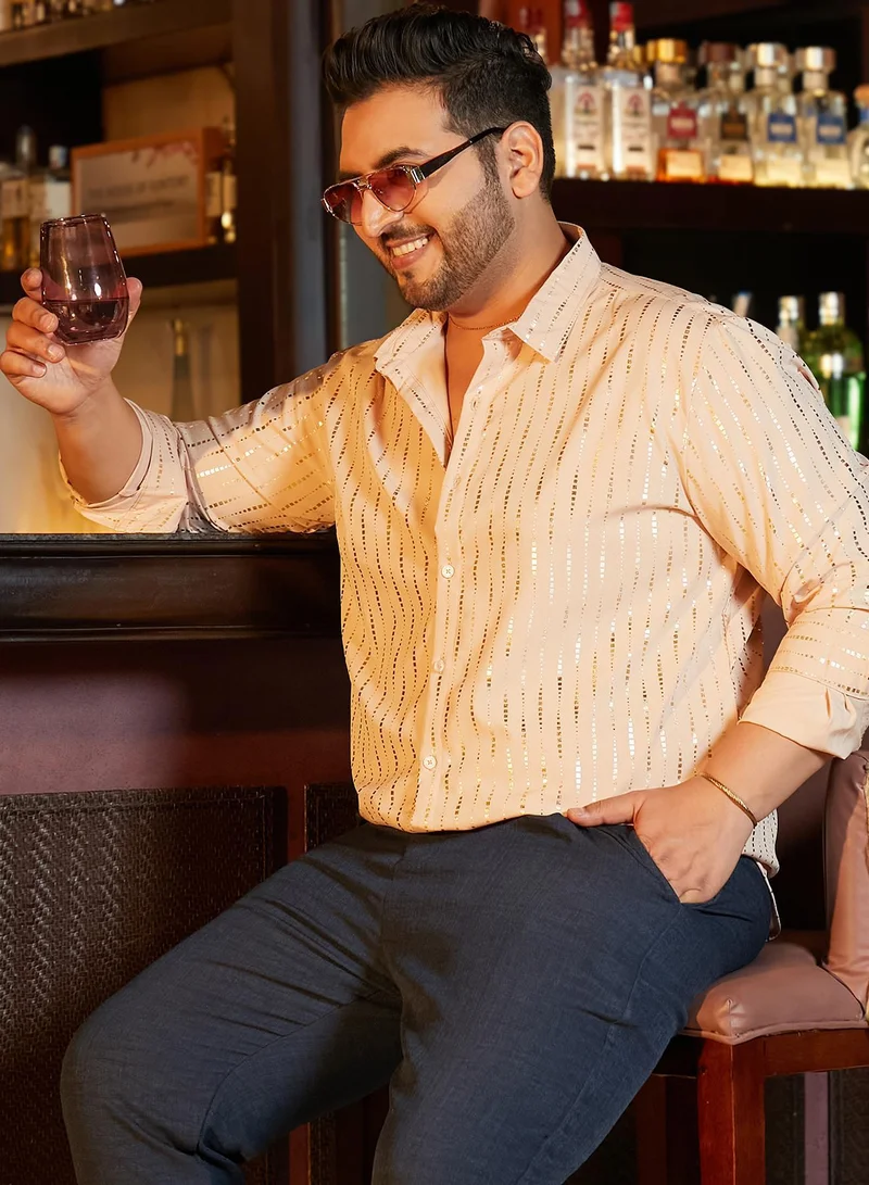 Instafab Plus Instafab Plus Men's Ecru Beige Metallic-Vined Shirt For Casual Wear | Spread Collar | Long Cuffed Sleeves | Button Closure | Plus Size Shirt Crafted With Comfort Fit For Everyday Wear