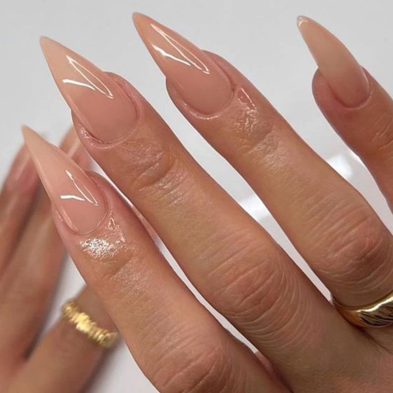 VOTACOS Press on Nails Long Stiletto Nude Fake Nails False Nail with Pure Transparent Glossy Stick on Nail for Women - Image 1