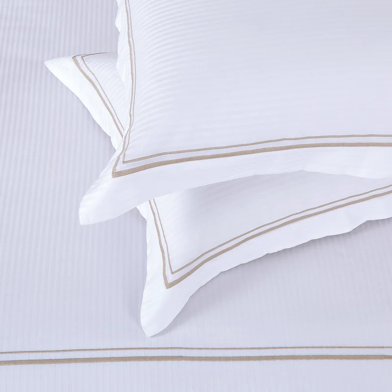 DWELL Dwell-Casper Stripe Piping Duvet Cover-Duvet Cover - 240 x 220 CM, Fitted Sheet - 180 x 200 x 38 CM Pillow cases 50 x 80 CM-White/Beige
