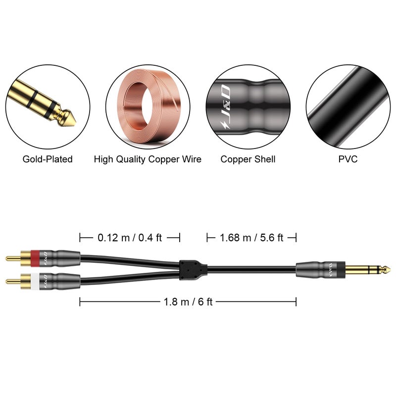 J&D 6.35mm TRS to Dual RCA Audio Cable, Copper Shell Heavy Duty 6.35mm 1/4 inch Male TRS to 2 RCA Male Stereo Audio Y Splitter Cable, 6 Feet - Image 2
