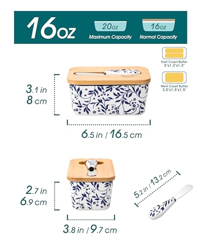 vancasso SELENE Butter Dish with Lid 65 Large Butter Dish for Countertop Ceramic Butter Keeper Container with Knife and Bamboo Lid Delicate Floral Pattern - Image 3
