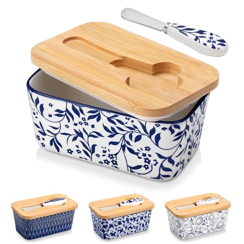 vancasso SELENE Butter Dish with Lid 65 Large Butter Dish for Countertop Ceramic Butter Keeper Container with Knife and Bamboo Lid Delicate Floral Pattern - Image 1