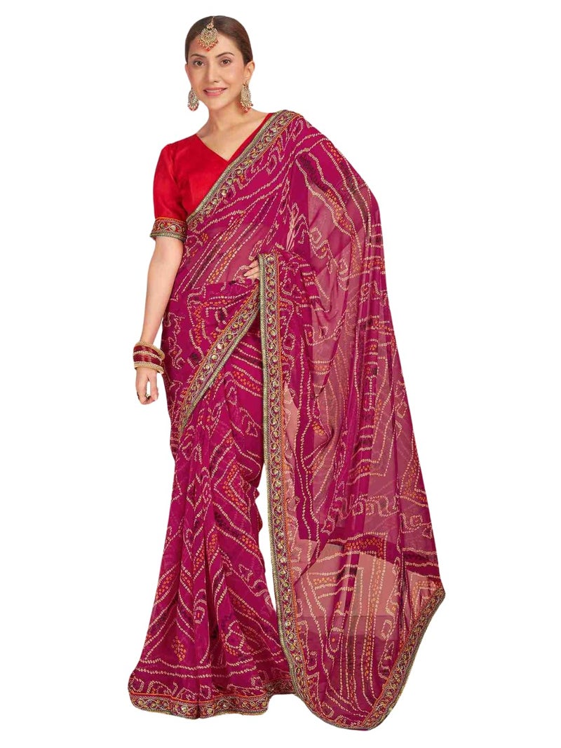 Shiv Textiles Women's Georgette Bandhani Printed & Lace Border Saree(SAT-534S-RANI PINK) - Image 1