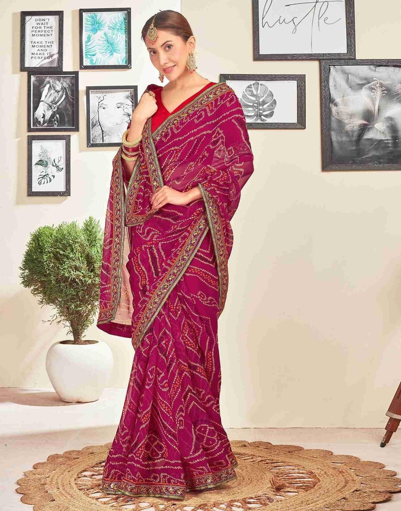 Shiv Textiles Women's Georgette Bandhani Printed & Lace Border Saree(SAT-534S-RANI PINK) - Image 3