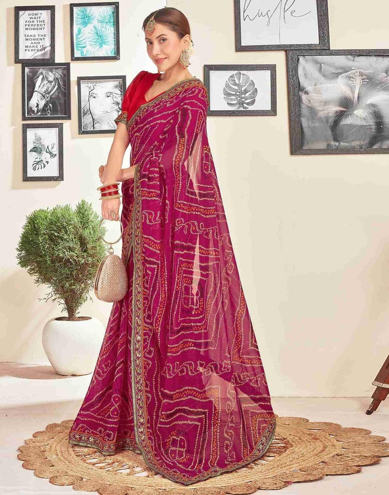 Shiv Textiles Women's Georgette Bandhani Printed & Lace Border Saree(SAT-534S-RANI PINK) - Image 2