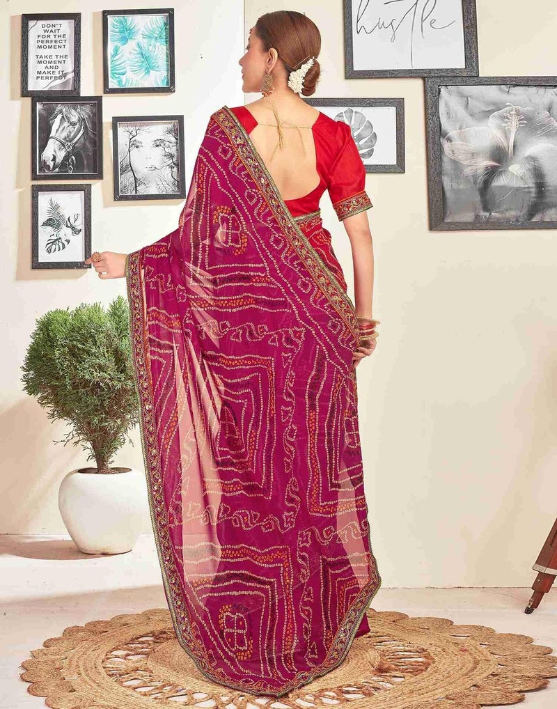 Shiv Textiles Women's Georgette Bandhani Printed & Lace Border Saree(SAT-534S-RANI PINK) - Image 4
