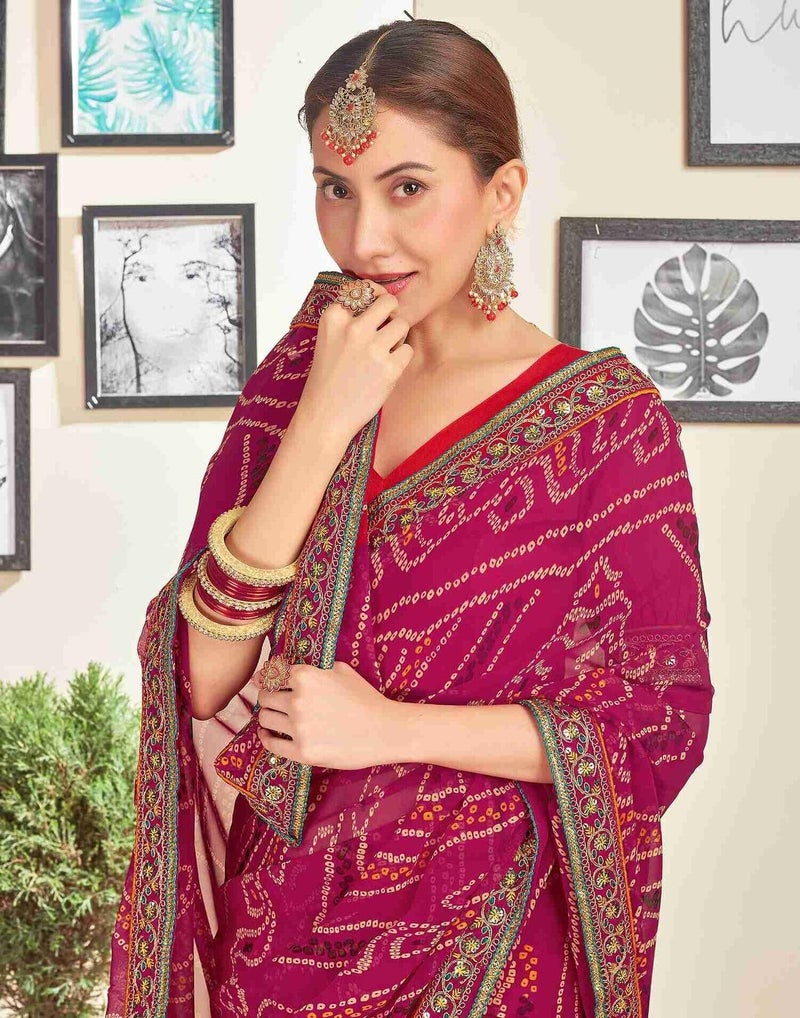 Shiv Textiles Women's Georgette Bandhani Printed & Lace Border Saree(SAT-534S-RANI PINK) - Image 5
