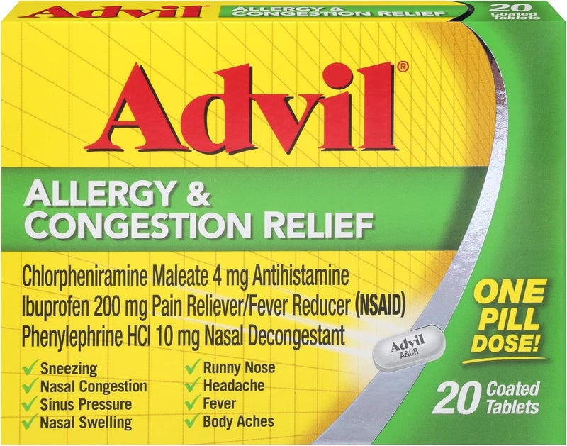 Advil Advil Allergy and Congestion Relief Tablets, Pain Reliever, Fever Reducer and Allergy Relief with Ibuprofen, Phenylephrine HCl and Chlorpheniramine Maleate 4 mg - 20 Coated Tablets