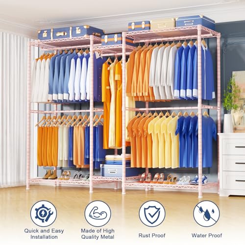 Ulif E12 Pro Clothes Rack，Heavy Duty Freestanding Garment Rack with Shelves，Metal Clothing Closet Storage System for Hanging Clothes，71" W x 16" D x 76.5" H, Hold 960 lbs，Pink - Image 3