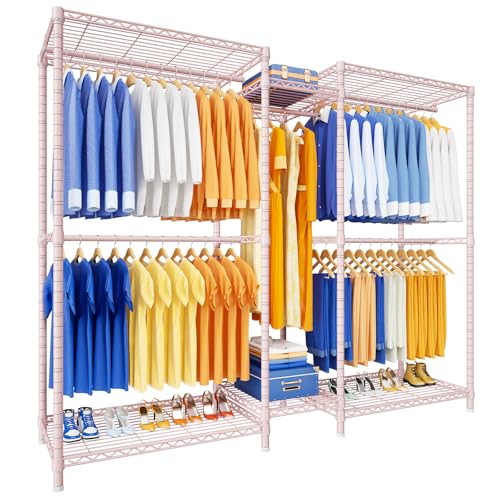 Ulif E12 Pro Clothes Rack，Heavy Duty Freestanding Garment Rack with Shelves，Metal Clothing Closet Storage System for Hanging Clothes，71" W x 16" D x 76.5" H, Hold 960 lbs，Pink - Image 1