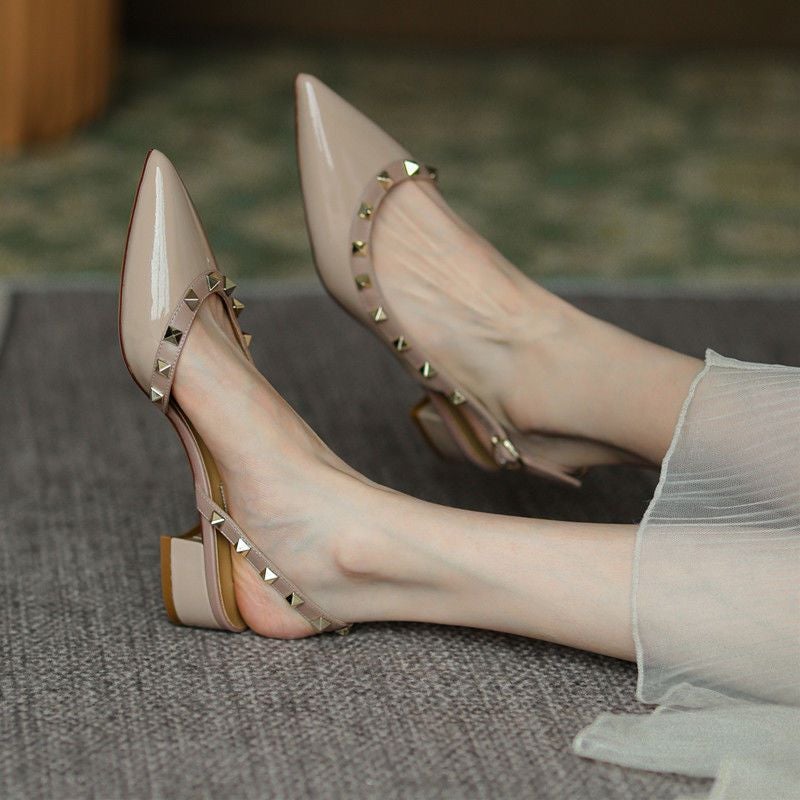 Fashion Sandals Women'S High Heels 2023 Niche Design Rivet Pointed French Style Mid Heel Shoes - Image 1