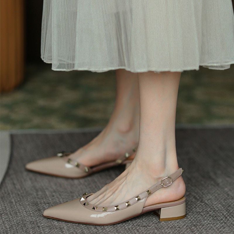 Fashion Sandals Women'S High Heels 2023 Niche Design Rivet Pointed French Style Mid Heel Shoes - Image 3