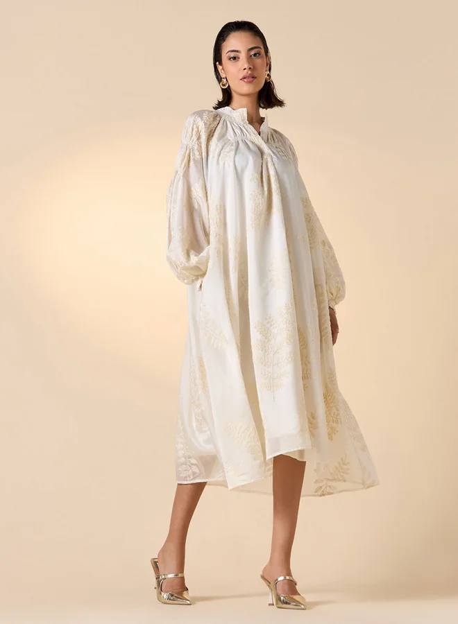 Iconic Iconic Leaf Embroidered A-line Midi Dress with Mandarin Neck