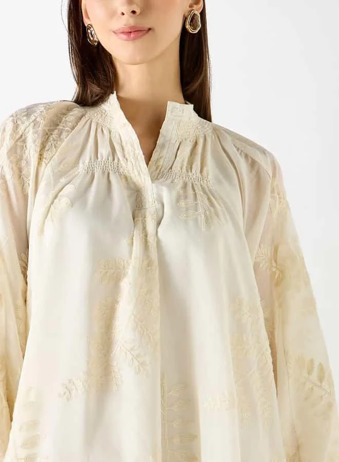 Iconic Iconic Leaf Embroidered A-line Midi Dress with Mandarin Neck