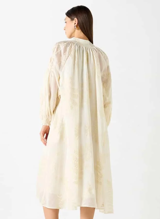 Iconic Iconic Leaf Embroidered A-line Midi Dress with Mandarin Neck
