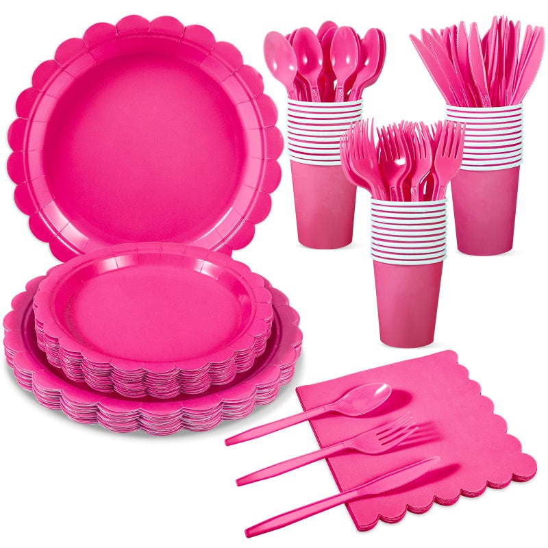 Xiangqu 175 Pcs Hot Pink Paper Plates and Napkins  25 Guest Hot Pink Graduation Party Supplies Include Scalloped Graduation Plates Napkins Cups Plastic Cutlery Set for Birthday  Bridal Shower - Image 1