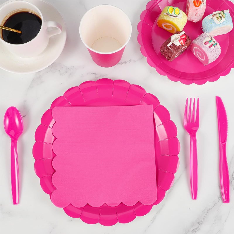 Xiangqu 175 Pcs Hot Pink Paper Plates and Napkins  25 Guest Hot Pink Graduation Party Supplies Include Scalloped Graduation Plates Napkins Cups Plastic Cutlery Set for Birthday  Bridal Shower - Image 4