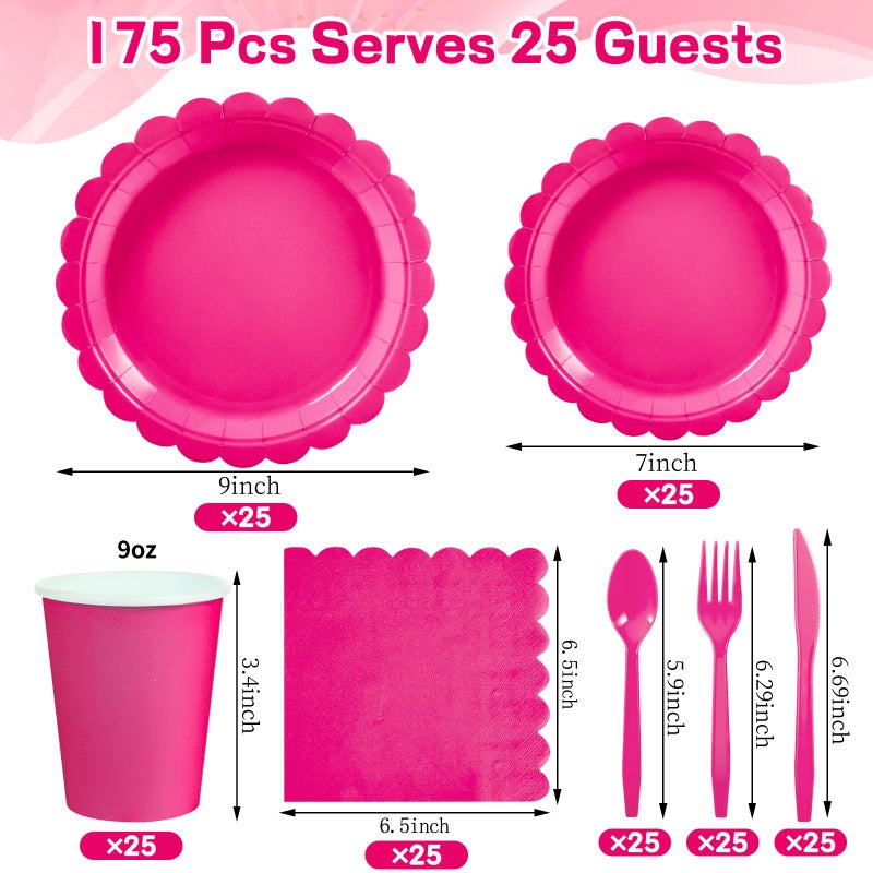 Xiangqu 175 Pcs Hot Pink Paper Plates and Napkins  25 Guest Hot Pink Graduation Party Supplies Include Scalloped Graduation Plates Napkins Cups Plastic Cutlery Set for Birthday  Bridal Shower - Image 2