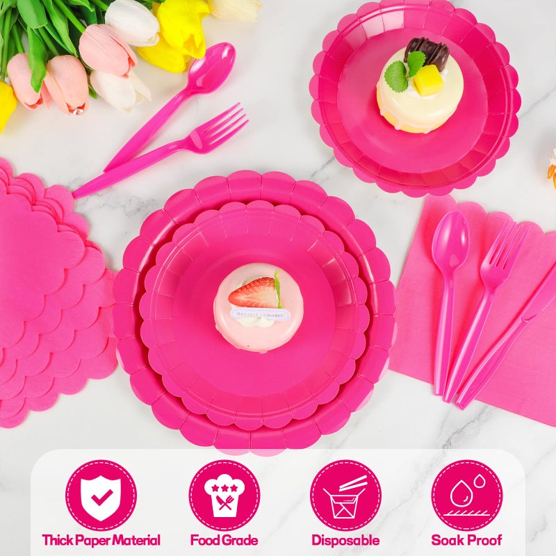 Xiangqu 175 Pcs Hot Pink Paper Plates and Napkins  25 Guest Hot Pink Graduation Party Supplies Include Scalloped Graduation Plates Napkins Cups Plastic Cutlery Set for Birthday  Bridal Shower - Image 3