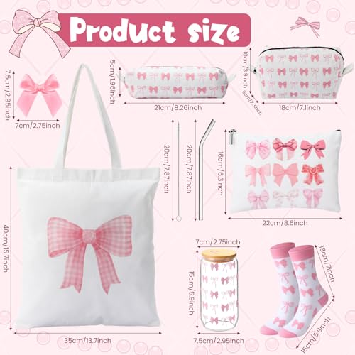 Dansydaisy Coquette Gift for Women Bow Preppy Makeup Bag Set Aesthetic Glass Cups with Lids Canvas Tote Bag Gift Set Bow Themed Gifts for WomanPink - Image 3