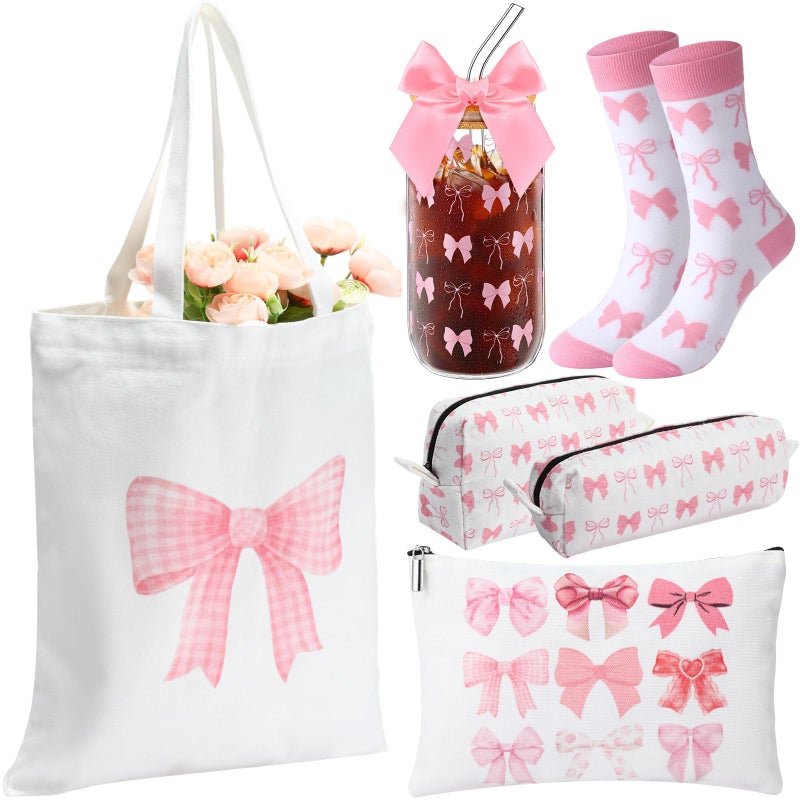 Dansydaisy Coquette Gift for Women Bow Preppy Makeup Bag Set Aesthetic Glass Cups with Lids Canvas Tote Bag Gift Set Bow Themed Gifts for WomanPink - Image 2