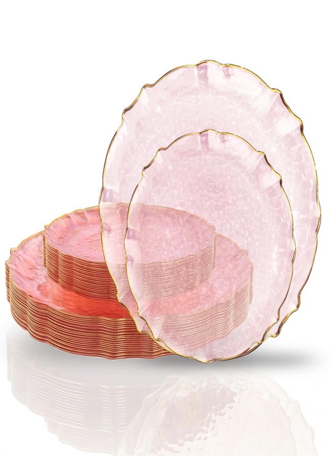 bUCLA 40PCS Clear Pink and Gold Plastic Plates - Fancy Pink Hammered with Gold Lace-Edge Disposable Plates - Include 20 Each (10inch Dinner & 7inch Dessert) Plates for Party, Birthday & Wedding - Image 1