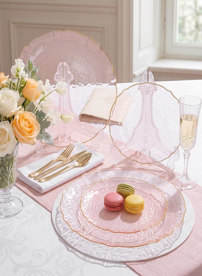bUCLA 40PCS Clear Pink and Gold Plastic Plates - Fancy Pink Hammered with Gold Lace-Edge Disposable Plates - Include 20 Each (10inch Dinner & 7inch Dessert) Plates for Party, Birthday & Wedding - Image 3