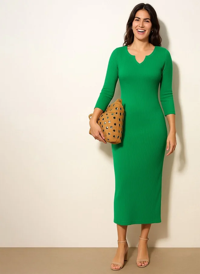 SASSAFRAS Green Ribbed Bodycon Midi Dress for Women