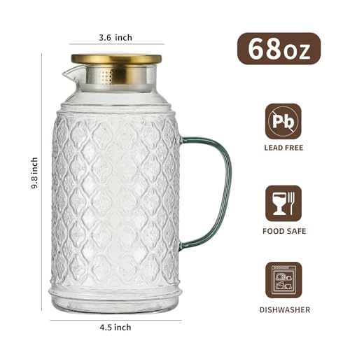 Buaic Glass Pitcher with Lid, 2 PACK 68 oz/2 Liter Vintage Water Pitcher, Clear Borosilicate Glass Water Carafe for Cold Brew, Coffee, Lemonade, Iced Sun Tea,Beverage, Milk, Heat Resistant - Image 2
