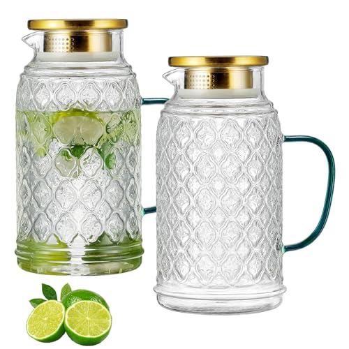 Buaic Glass Pitcher with Lid, 2 PACK 68 oz/2 Liter Vintage Water Pitcher, Clear Borosilicate Glass Water Carafe for Cold Brew, Coffee, Lemonade, Iced Sun Tea,Beverage, Milk, Heat Resistant - Image 1
