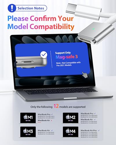 Stouchi USBC to Magnetic 3 Cable 66ft 140W Fast Charging for MacBook Air 1513 M4 2025 M3 2024 M2 2023 M2 2022 Pro 1614 202420232021 White - Image 3