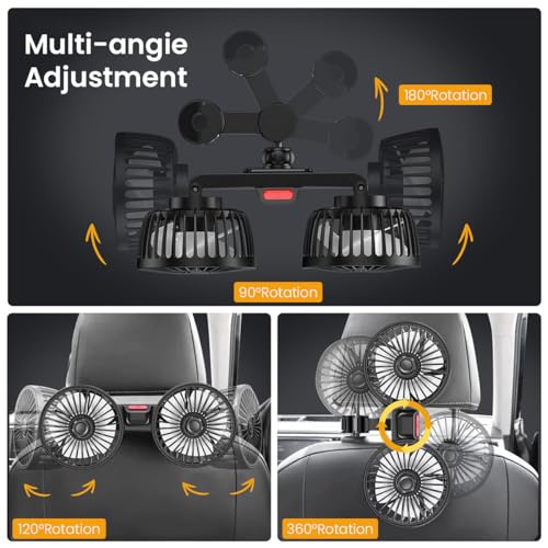 STHIRA Dual-Head Car Fan with 3-Speed Settings 360° Rotation USB Fan for Car Quiet Operation Child-Safe Design Car Fan for Back Seat 12v/24 Fan for Rear Seat Passengers, Pets, Home, and Travel, Black - Image 5
