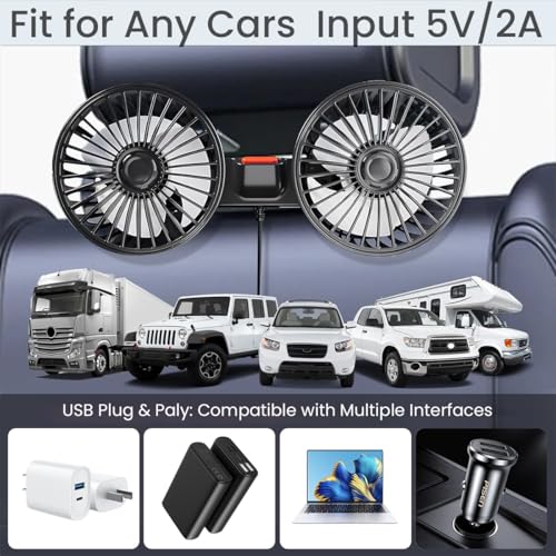 STHIRA Dual-Head Car Fan with 3-Speed Settings 360° Rotation USB Fan for Car Quiet Operation Child-Safe Design Car Fan for Back Seat 12v/24 Fan for Rear Seat Passengers, Pets, Home, and Travel, Black - Image 2