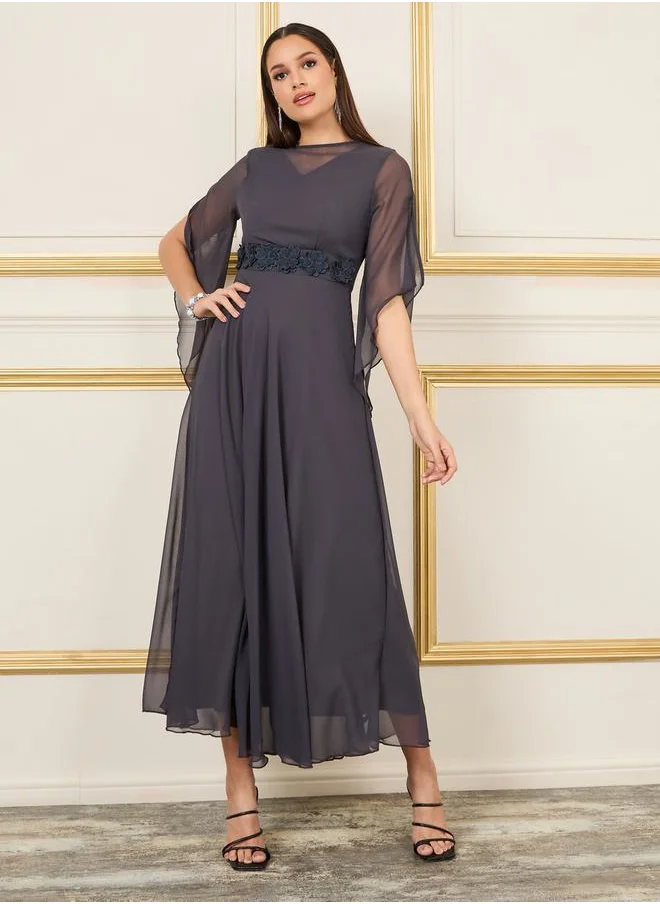 Styli Floral Applique Sheer Sleeves A-Line Maxi Dress