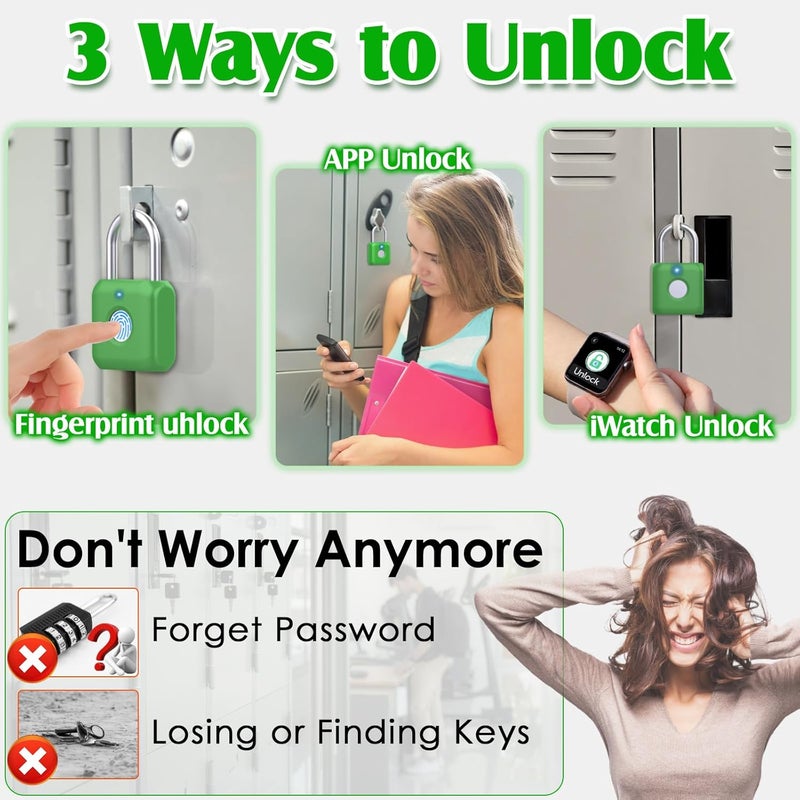 Pothunder Fingerprint Padlock, Smart Padlock, Locker Lock, Combination Lock, Fingerprint Lock with APP Unlock, USB Rechargeable, Suitable for Gym Locker, Locker(Avocado Green) - Image 2
