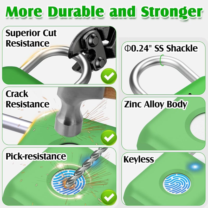 Pothunder Fingerprint Padlock, Smart Padlock, Locker Lock, Combination Lock, Fingerprint Lock with APP Unlock, USB Rechargeable, Suitable for Gym Locker, Locker(Avocado Green) - Image 4