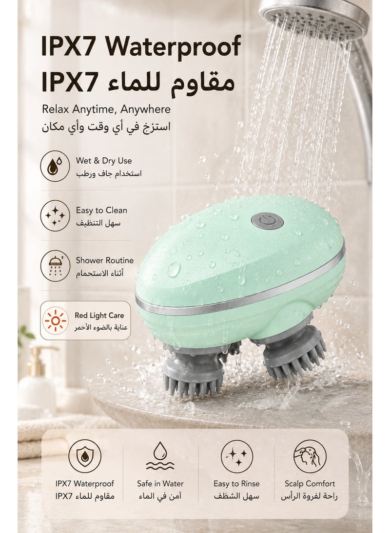 مدلك فروة الرأس الكهربائي قابل لإعادة الشحن ومقاوم للماء IPX7، 3 أوضاع تدليك، رؤوس سيليكون ناعمة، عناية بالضوء الأحمر، مدلك محمول لفروة الرأس والشعر، أخضر - Image 4