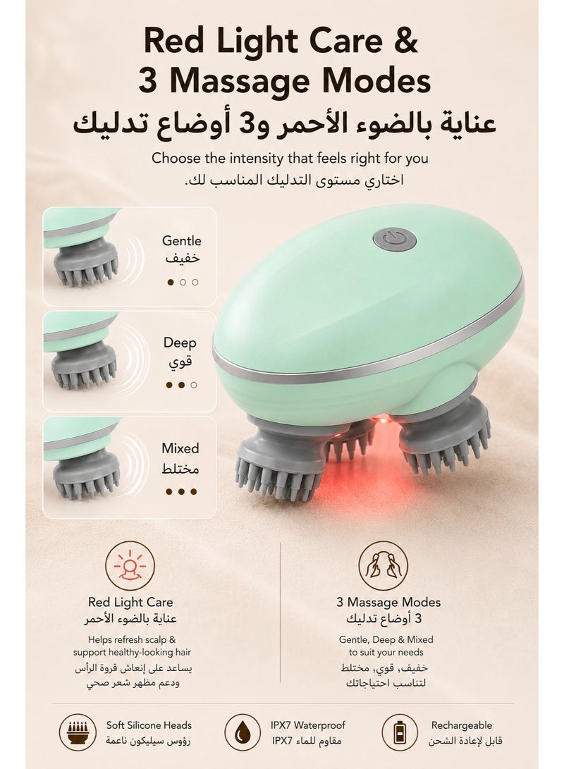 مدلك فروة الرأس الكهربائي قابل لإعادة الشحن ومقاوم للماء IPX7، 3 أوضاع تدليك، رؤوس سيليكون ناعمة، عناية بالضوء الأحمر، مدلك محمول لفروة الرأس والشعر، أخضر - Image 5