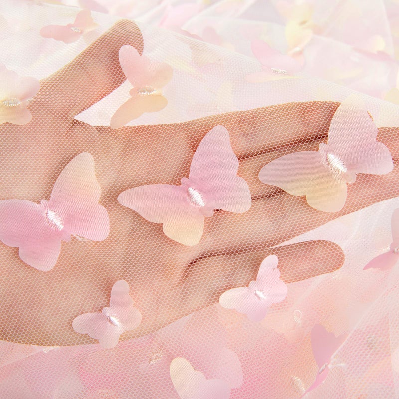 FanQiSi Rainbow Pink Tulle Fabric Rolls: 2 Yards 3D Butterfly Embroidery Fabric - DIY Cloth for Birthday Party Decorations Wedding Bridal Shower Baby Shower - Image 3